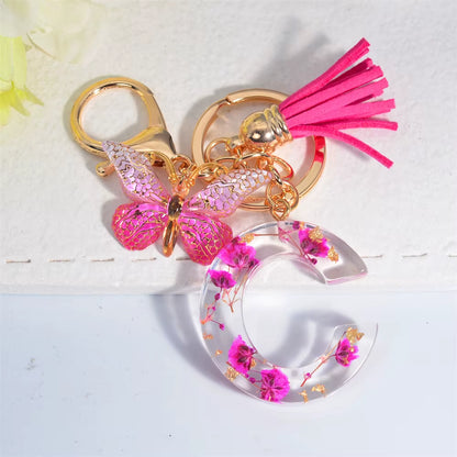 Exquisite Pink Dry Flower Resin 26 Initial Keychain Butterfly Tassel Pendant |  Valentine's Day Gift