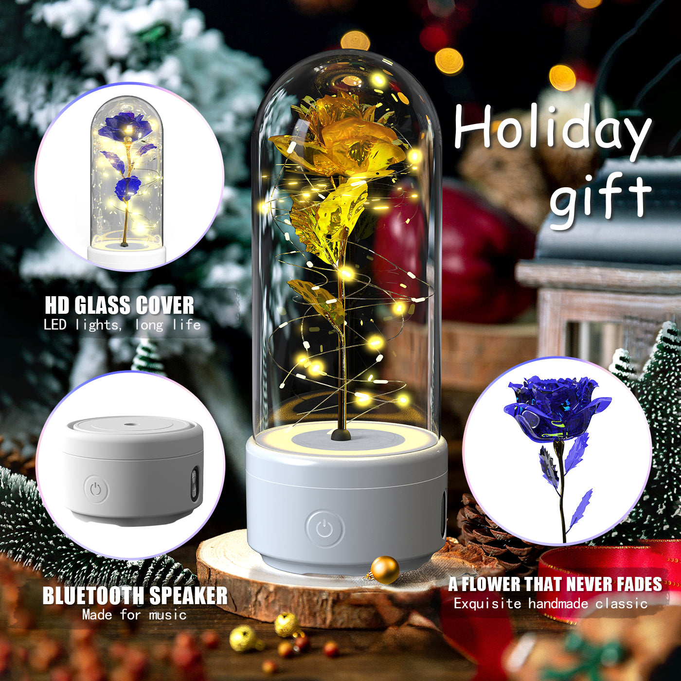 Creative 2 In 1 Glass Rose Flower LED Light And Bluetooth Speaker 