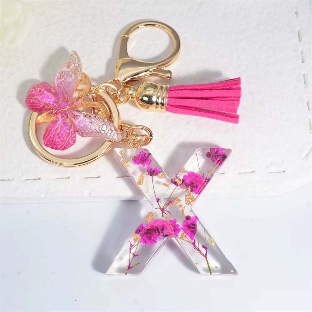 Exquisite Pink Dry Flower Resin 26 Initial Keychain Butterfly Tassel Pendant |  Valentine's Day Gift