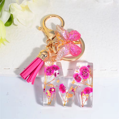 Exquisite Pink Dry Flower Resin 26 Initial Keychain Butterfly Tassel Pendant |  Valentine's Day Gift