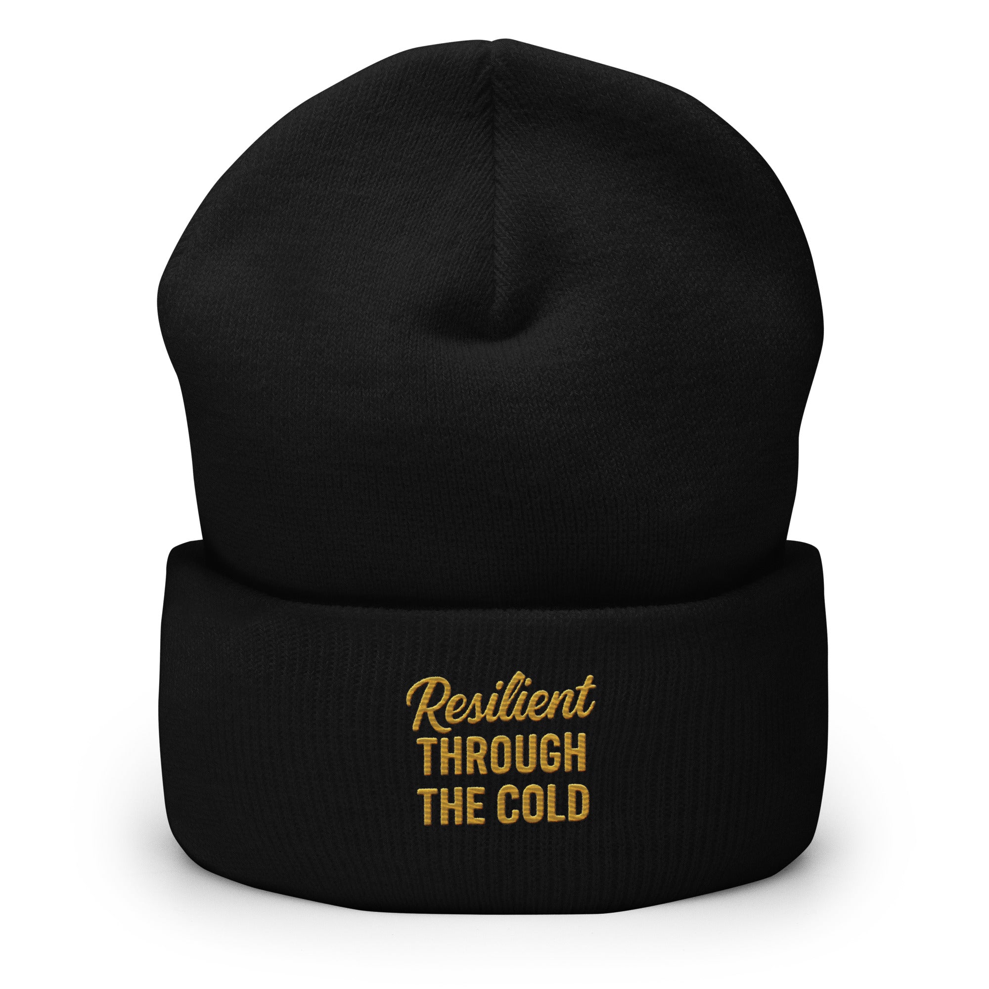 Resilient Through the Cold Beanie | Gold Embroidered Winter Hat for Overcomers