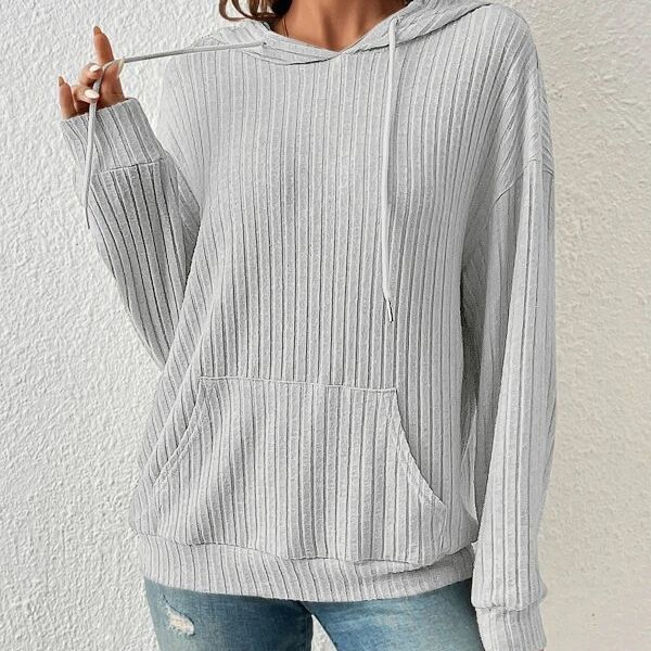 Drawstring Long-sleeved Hooded Sweatshirt With Pockets Solid Sunken Stripe Hoodie Knitwear Womens Clothing