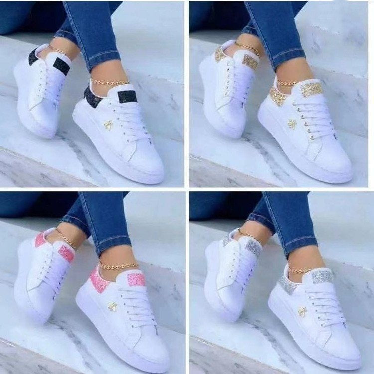 White Lace-Up Sneakers  Low-top Glitter Embellishment Casual Shoes