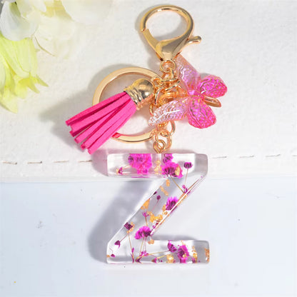 Exquisite Pink Dry Flower Resin 26 Initial Keychain Butterfly Tassel Pendant |  Valentine's Day Gift