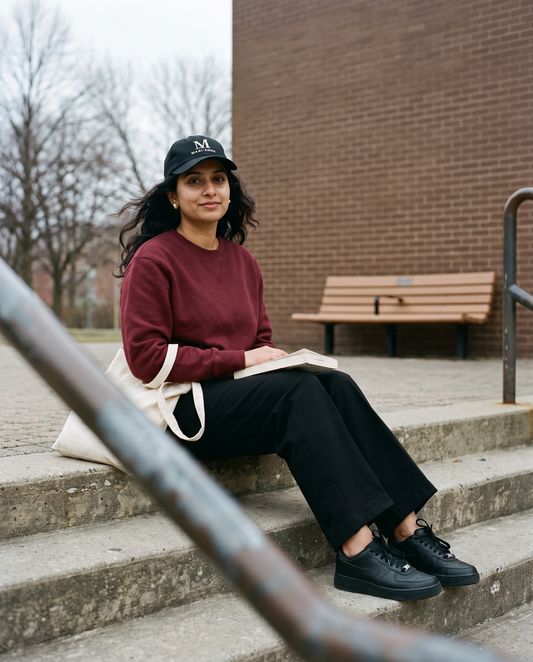 Woman in an oxblood sweatshirt sitting on steps wearing the black Mari'Anna dad cap with the M logo