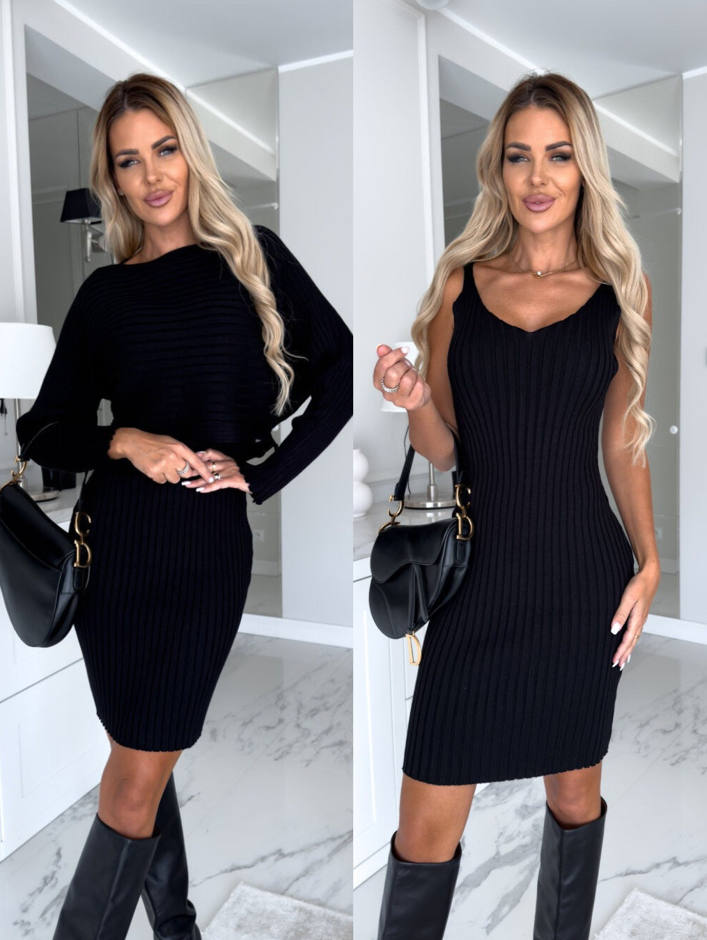 2pcs Long Sleeve Ribbed Sweater & Dress Set Women’s Fall Wear