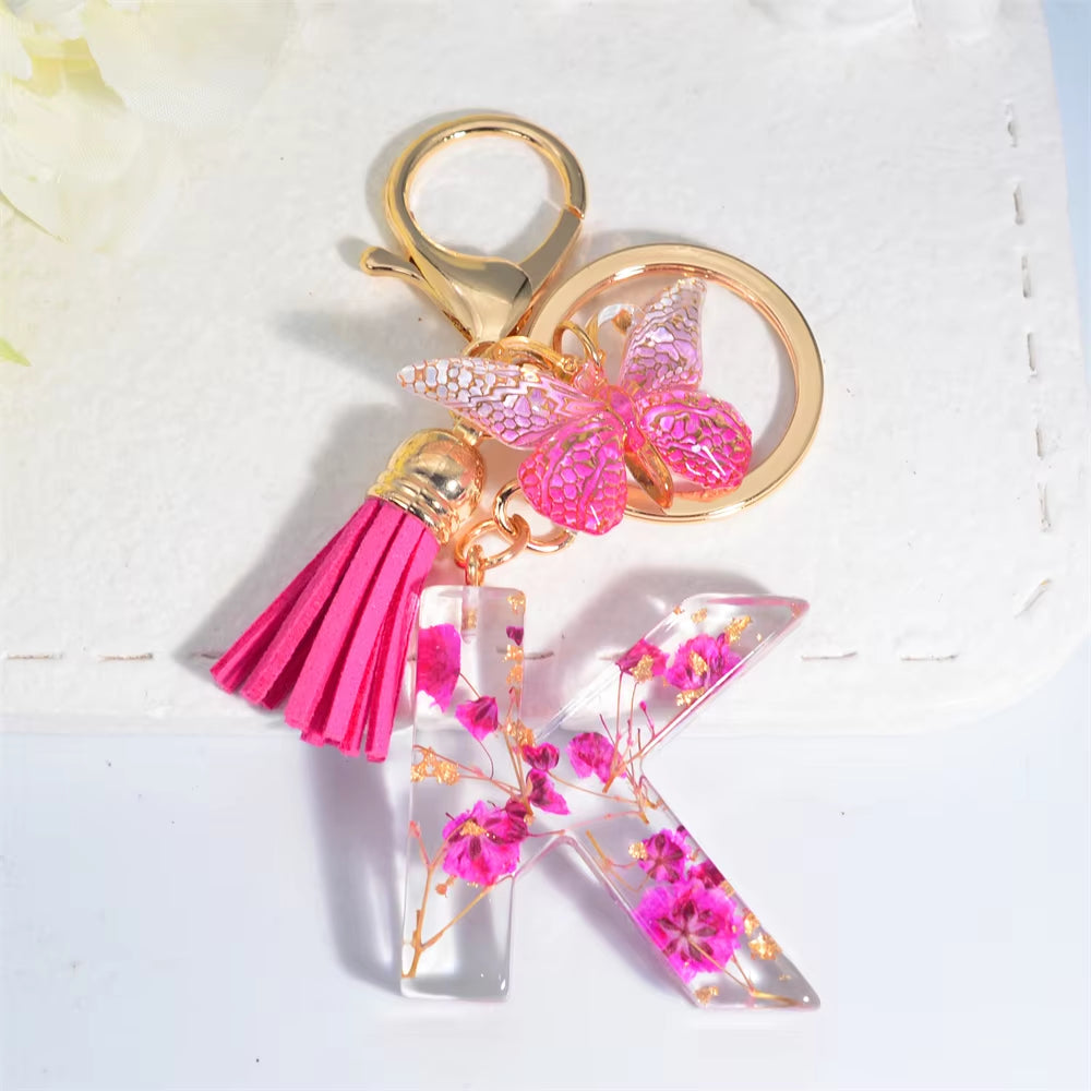 Exquisite Pink Dry Flower Resin 26 Initial Keychain Butterfly Tassel Pendant |  Valentine's Day Gift