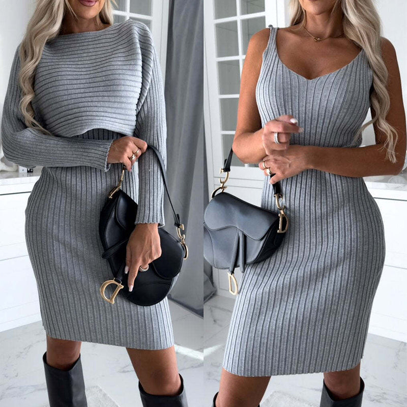 2pcs Long Sleeve Ribbed Sweater & Dress Set Women’s Fall Wear