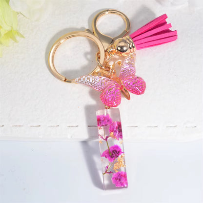 Exquisite Pink Dry Flower Resin 26 Initial Keychain Butterfly Tassel Pendant |  Valentine's Day Gift