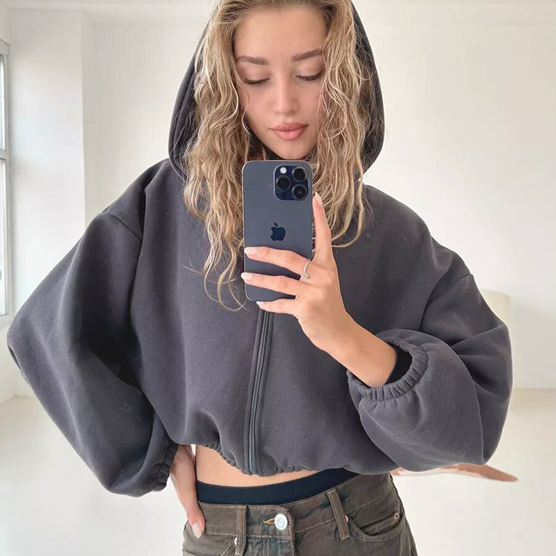 Casual Women's Solid Color Cropped Hoodie