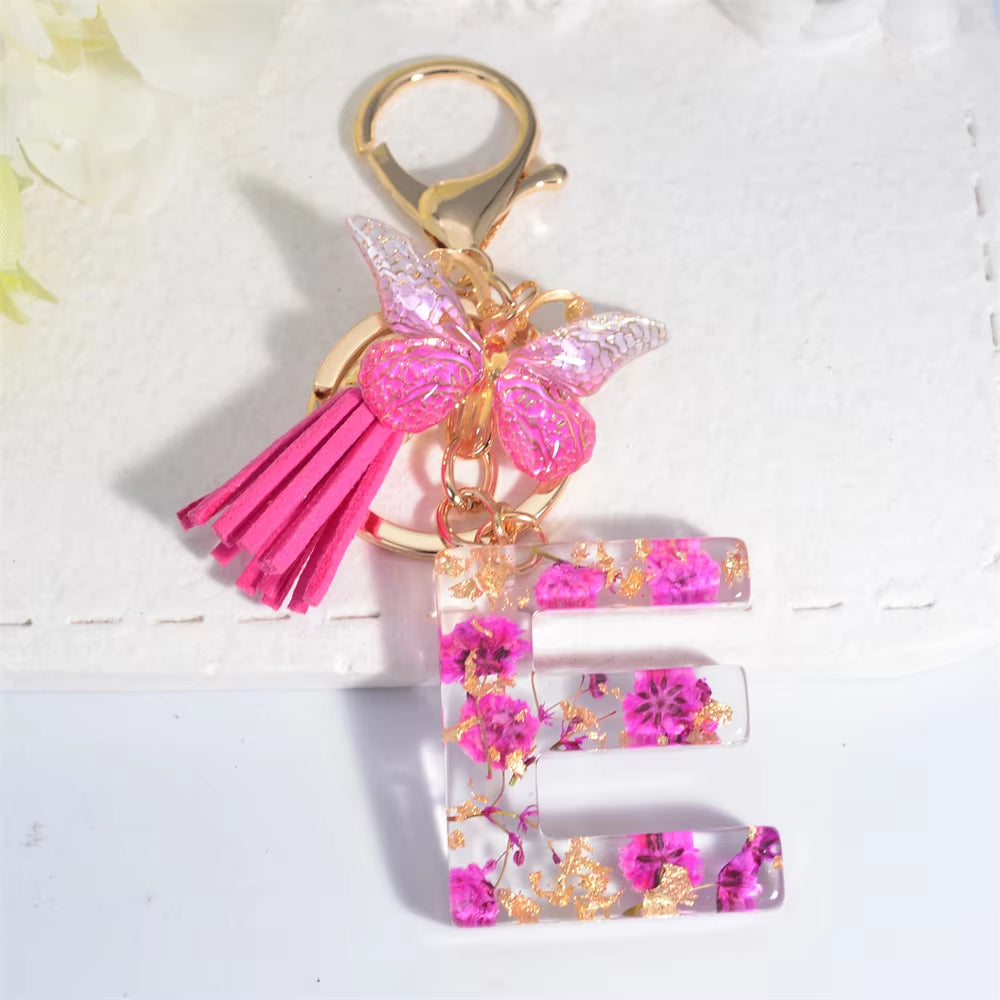 Exquisite Pink Dry Flower Resin 26 Initial Keychain Butterfly Tassel Pendant |  Valentine's Day Gift