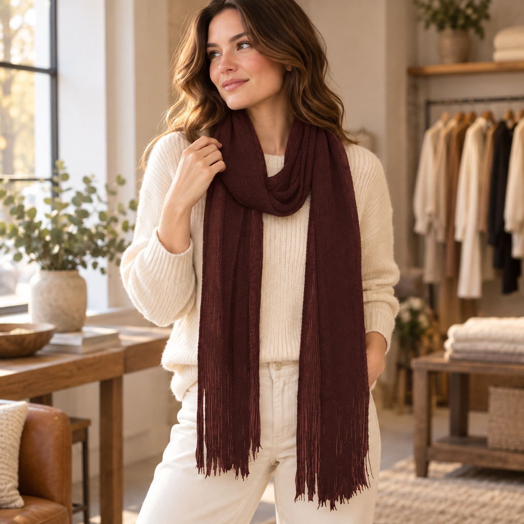 The Espresso Fringe Oblong Scarf - indoor boutique lifestyle