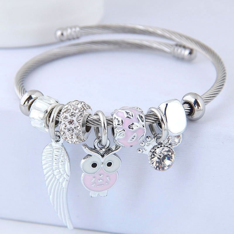 Beaded Owl Angel Wings Pendant Charm Bracelet