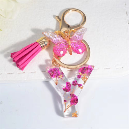 Exquisite Pink Dry Flower Resin 26 Initial Keychain Butterfly Tassel Pendant |  Valentine's Day Gift