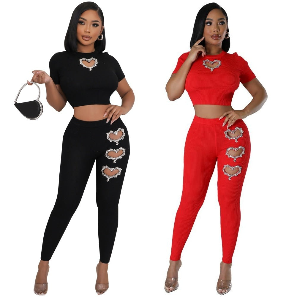 Women's Fashion Rhinestone Embellishment Short-sleeved 2 Piece Pants Set