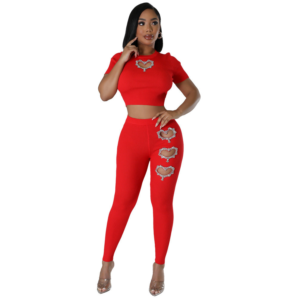 Women's Fashion Rhinestone Embellishment Short-sleeved 2 Piece Pants Set