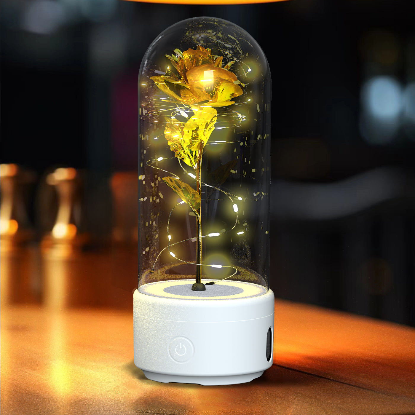 Creative 2 In 1 Glass Rose Flower LED Light And Bluetooth Speaker 