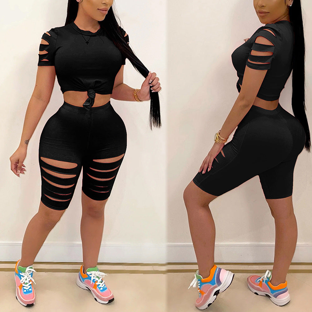 Fashion Casual Sports 2 piece Ripped Biker Shorts Set