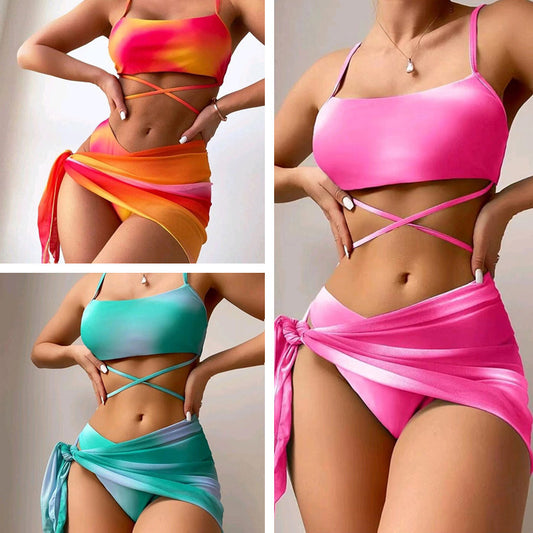 3pcs Tie Dye Print Bikini With Short Skirt Summer Beach Swimwear 