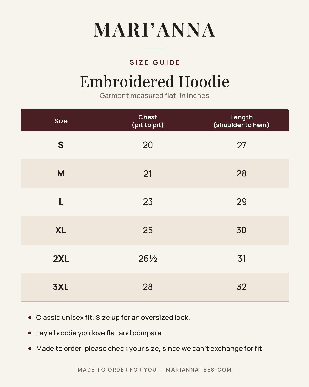 Mari'Anna Embroidered Hoodie size guide