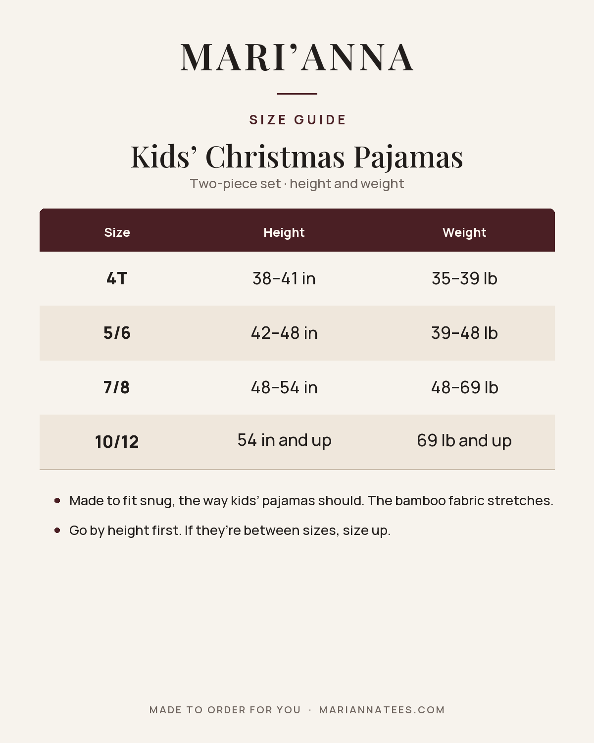 Kids' Christmas Pajamas size guide