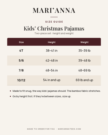 Kids' Christmas Pajamas size guide