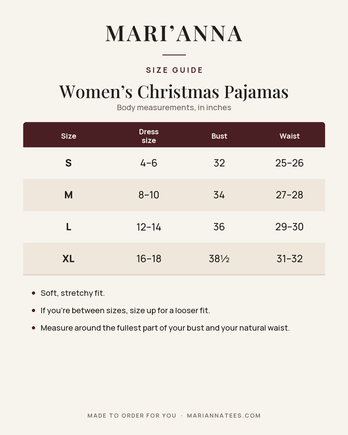Women's Christmas Pajamas size guide