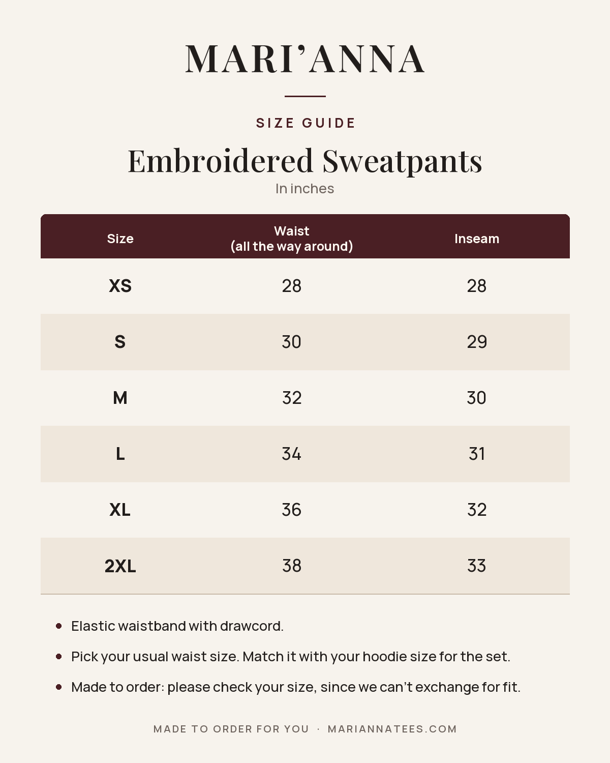 Mari'Anna Embroidered Sweatpants size guide