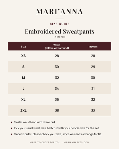 Mari'Anna Embroidered Sweatpants size guide