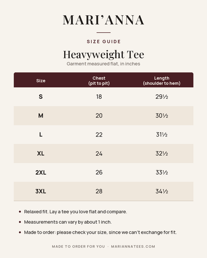 Mari'Anna Heavyweight Tee size guide