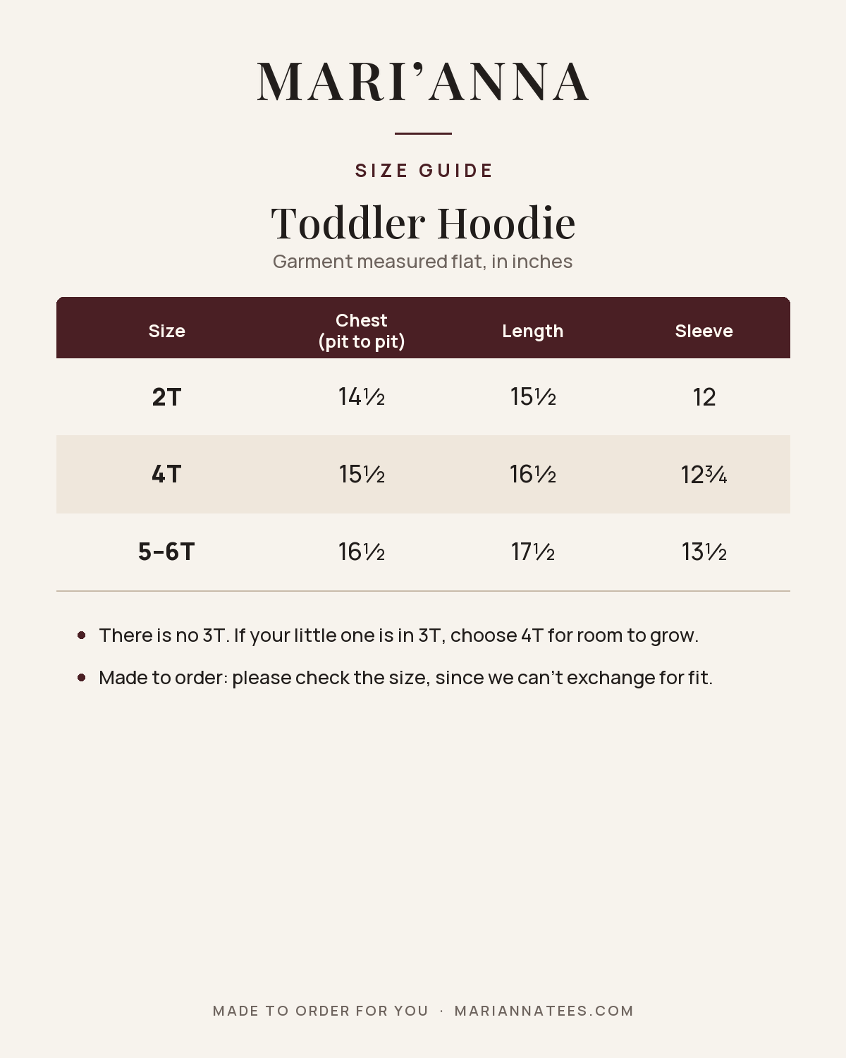 Mari'Anna Toddler Hoodie size guide