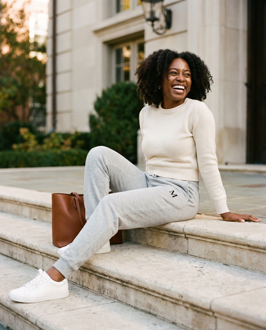 Woman sitting on limestone steps wearing the heather grey Breakthrough M embroidered sweatpants