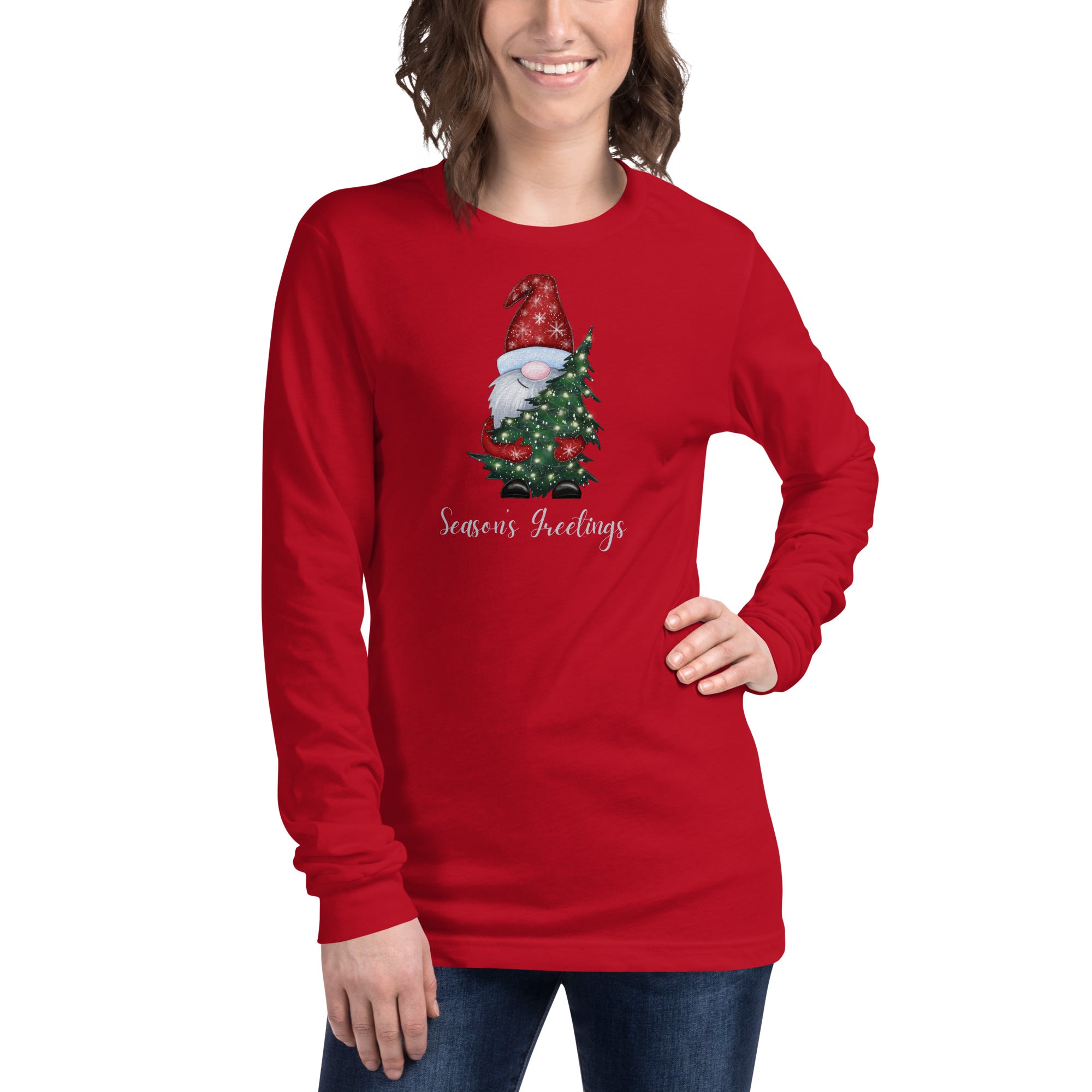 Season's Greetings Gnome Christmas Tree Unisex Long Sleeve Tee