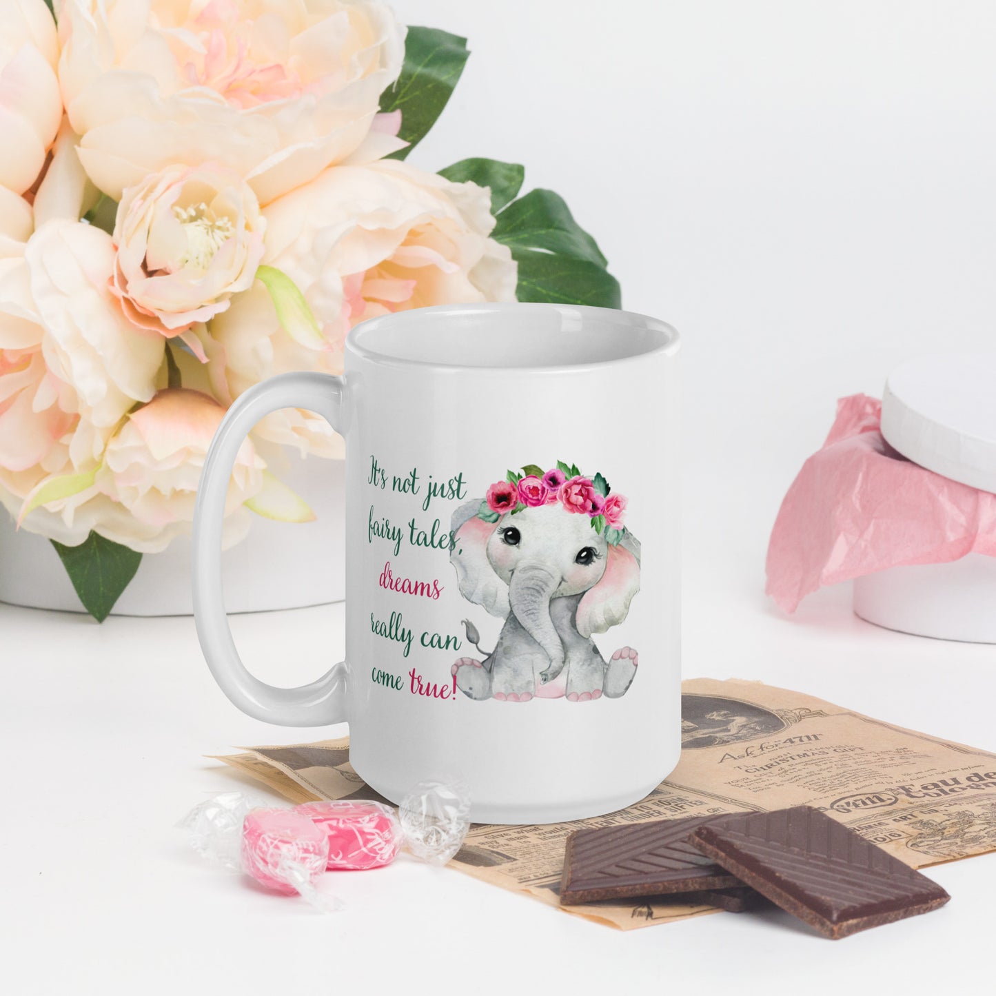 Dreams Really Can Come True Baby Flower Elephant White Glossy Mug - Mari’Anna Tees