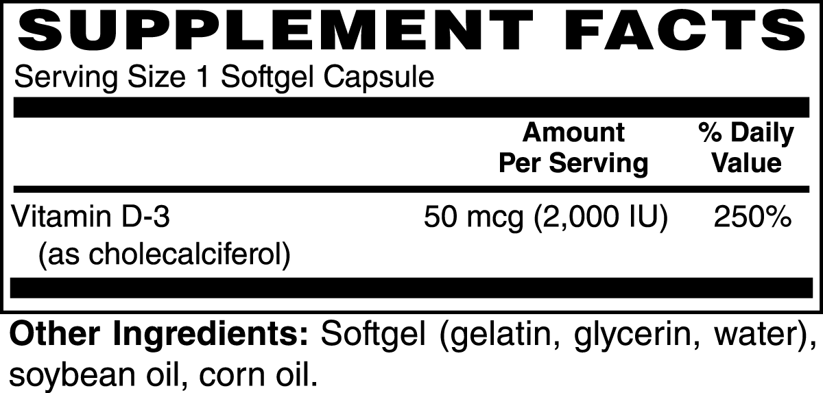 Vitamin D3 2,000 IU 100ct Softgel Capsules DLM wellness +